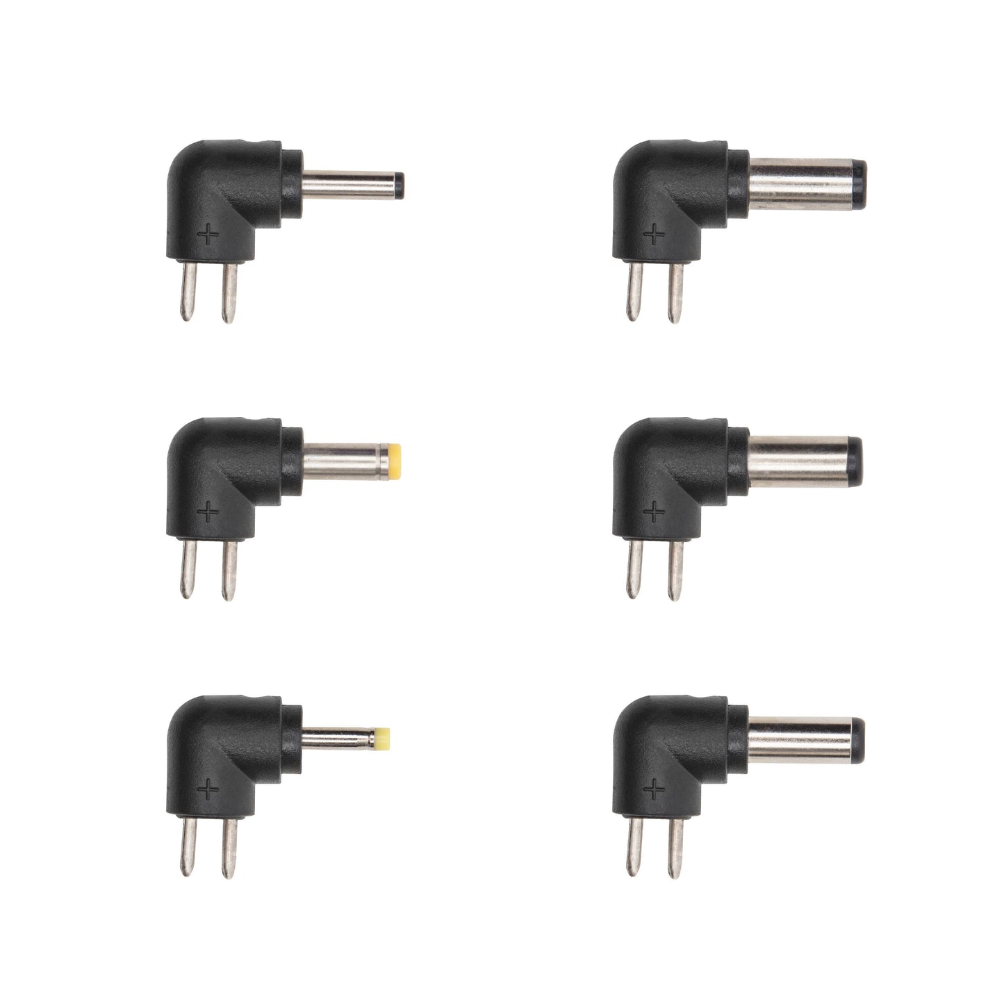 6 sorte DC-rette vinkel strømadapterstik til 3-12 V, 7,2 W netadapter, forskellige tipstørrelser, metal og gule ringe.