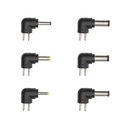 6 sorte DC-rette vinkel strømadapterstik til 3-12 V, 7,2 W netadapter, forskellige tipstørrelser, metal og gule ringe.
