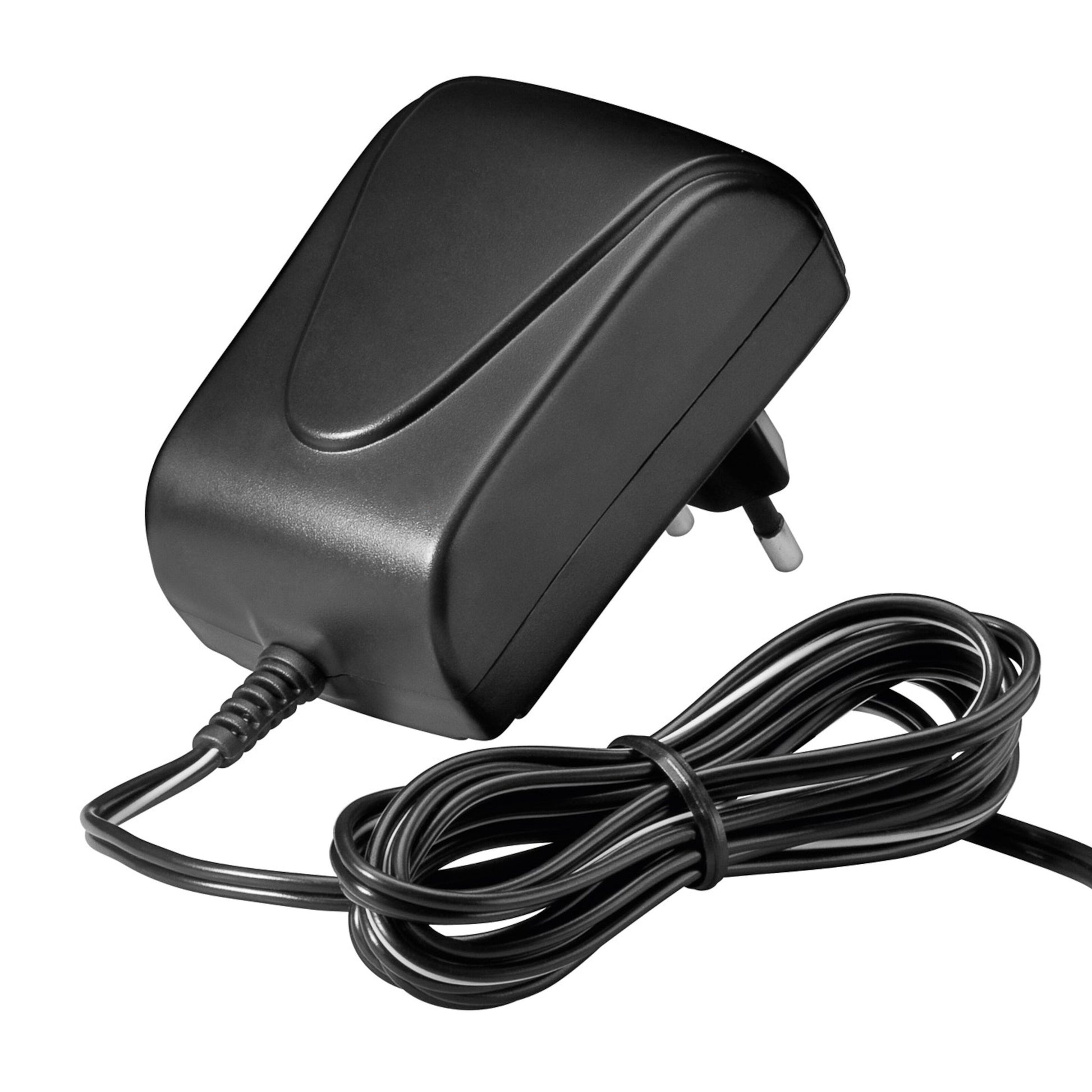 Luxorparts Skiftet strømadapter 5V DC 15W sort med tobenet stik og tilhørende ledning løs rullet foran.