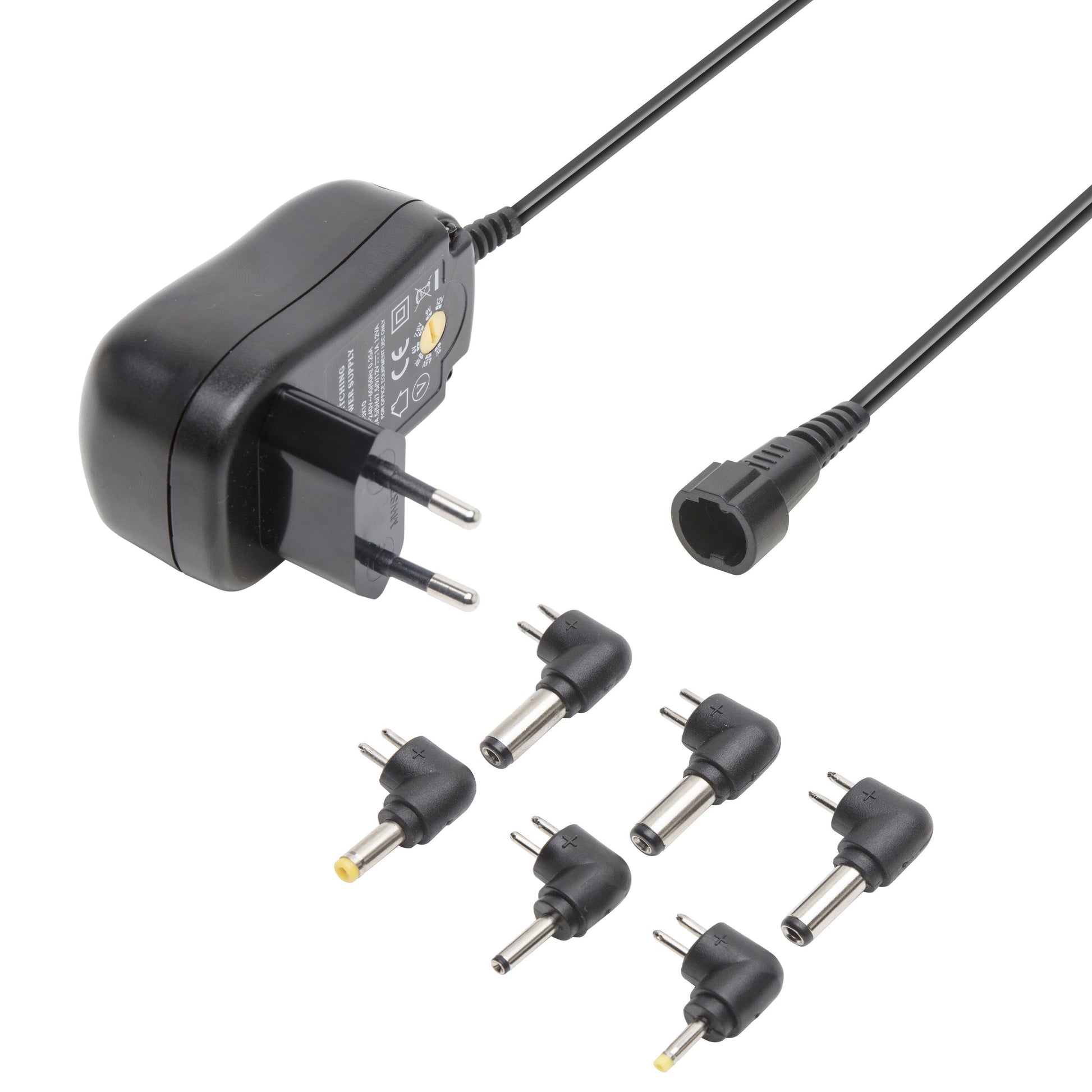Luxorparts justerbar netadapter 3-12 V DC 12 W sort, europæisk stik, aftagelig ledning, syv udskiftelige plug-ender.