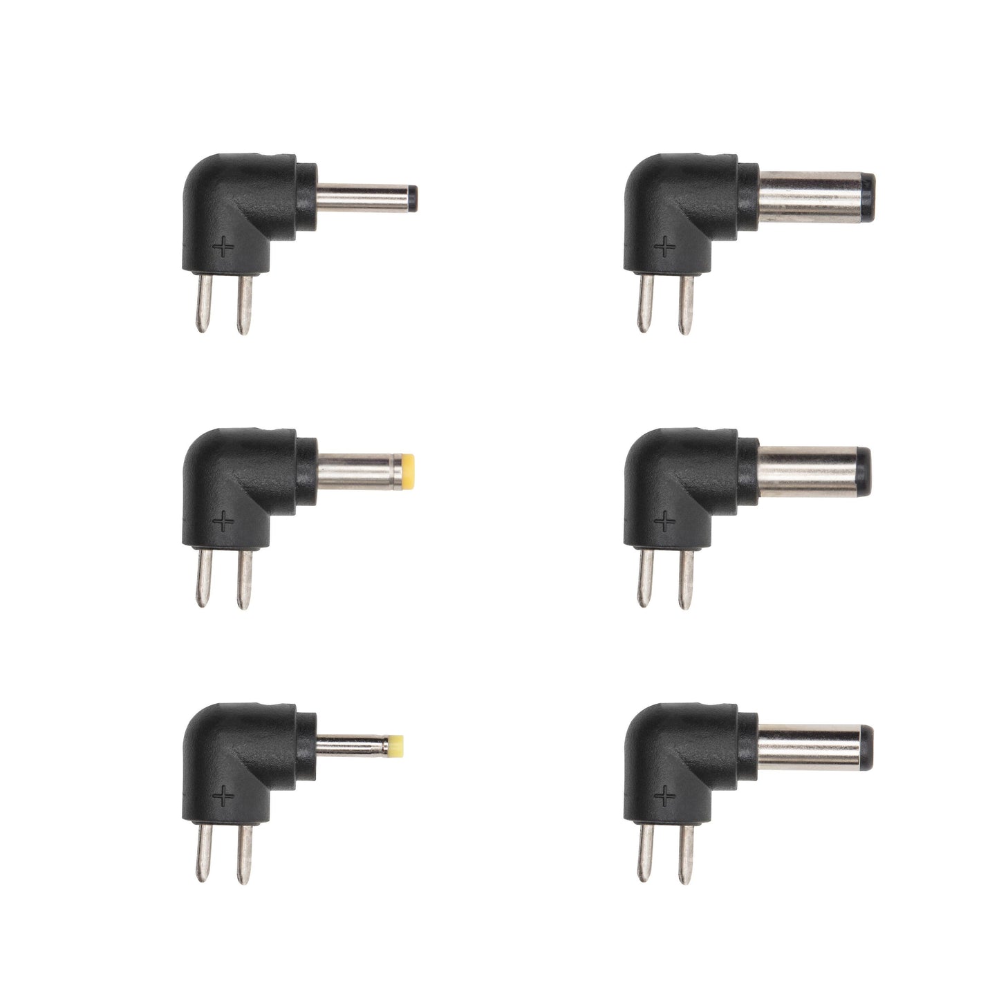 Luxorparts vinklet DC adapterstik 6 stk sort, to med gul ring, metalspids, til Justerbar netadapter 3-12V DC 12W.