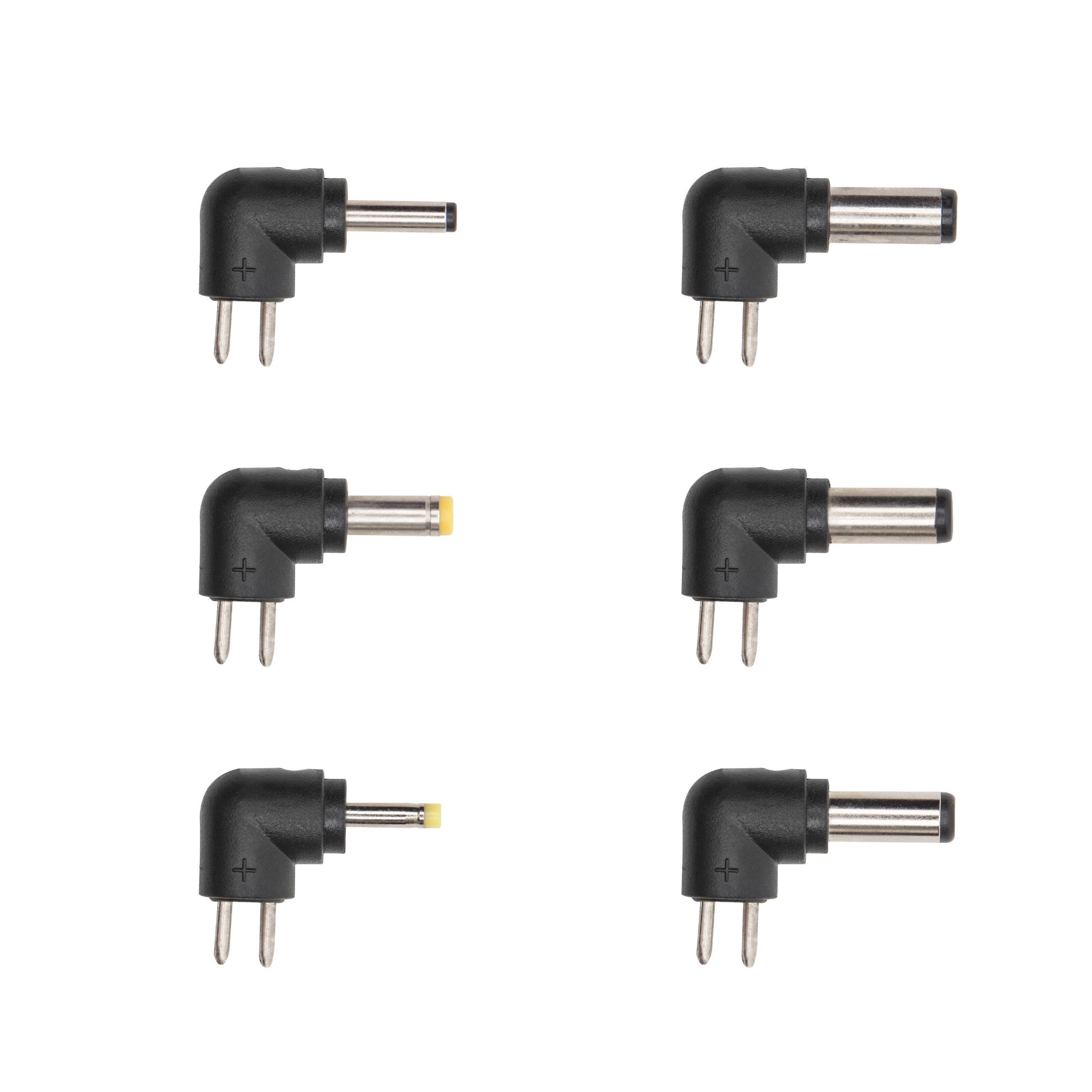 Luxorparts vinklet DC adapterstik 6 stk sort, to med gul ring, metalspids, til Justerbar netadapter 3-12V DC 12W.