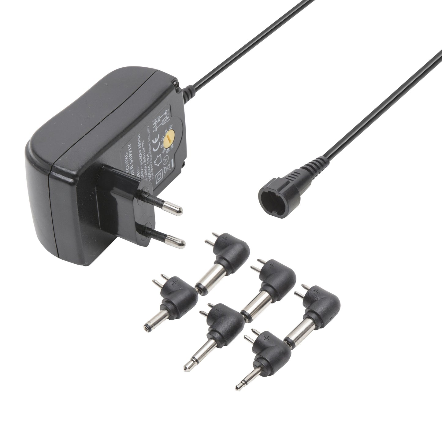 Justerbar netadapter 3-12V DC 18W sort med europæisk stik, aftagelig ledning og fem udskiftelige stikspidser.