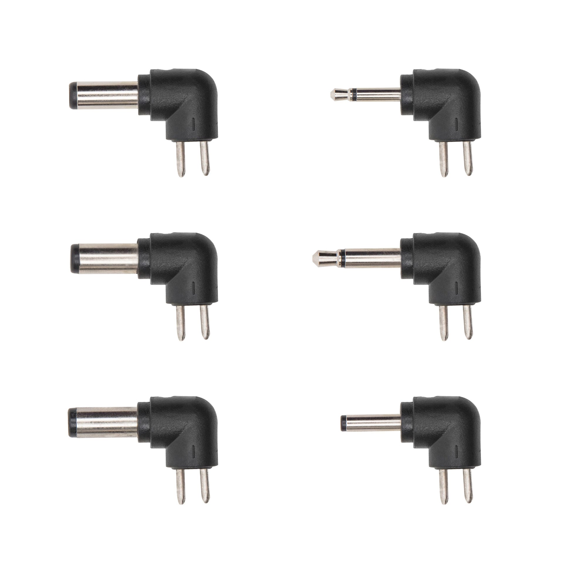 Justerbar netadapter 3-12V DC 18W sort, 3 med runde DC-stik, 3 med sølvfarvede audiostik, to kolonner.