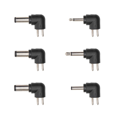 Justerbar netadapter 3-12V DC 18W sort, 3 med runde DC-stik, 3 med sølvfarvede audiostik, to kolonner.
