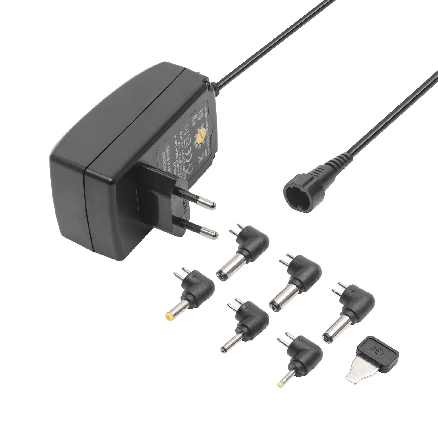 Luxorparts justerbar netadapter 9-24 V DC 24 W universal AC/DC med EU-stik, aftagelig ledning, 6 DC stik og nøgleværktøj.