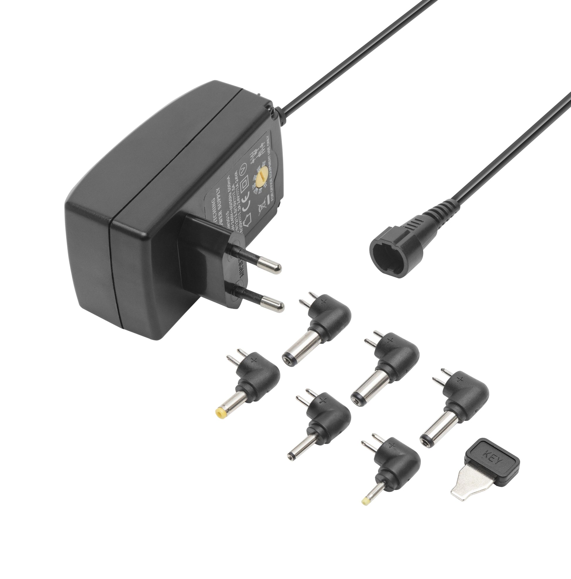 Luxorparts justerbar netadapter 9-24 V DC 24 W universal AC/DC med EU-stik, aftagelig ledning, 6 DC stik og nøgleværktøj.