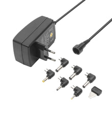 Luxorparts justerbar netadapter 9-24 V DC 24 W universal AC/DC med EU-stik, aftagelig ledning, 6 DC stik og nøgleværktøj.