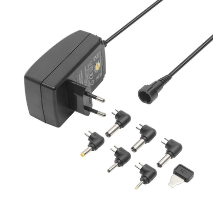 Luxorparts justerbar netadapter 9-24 V DC 24 W universal AC/DC med EU-stik, aftagelig ledning, 6 DC stik og nøgleværktøj.
