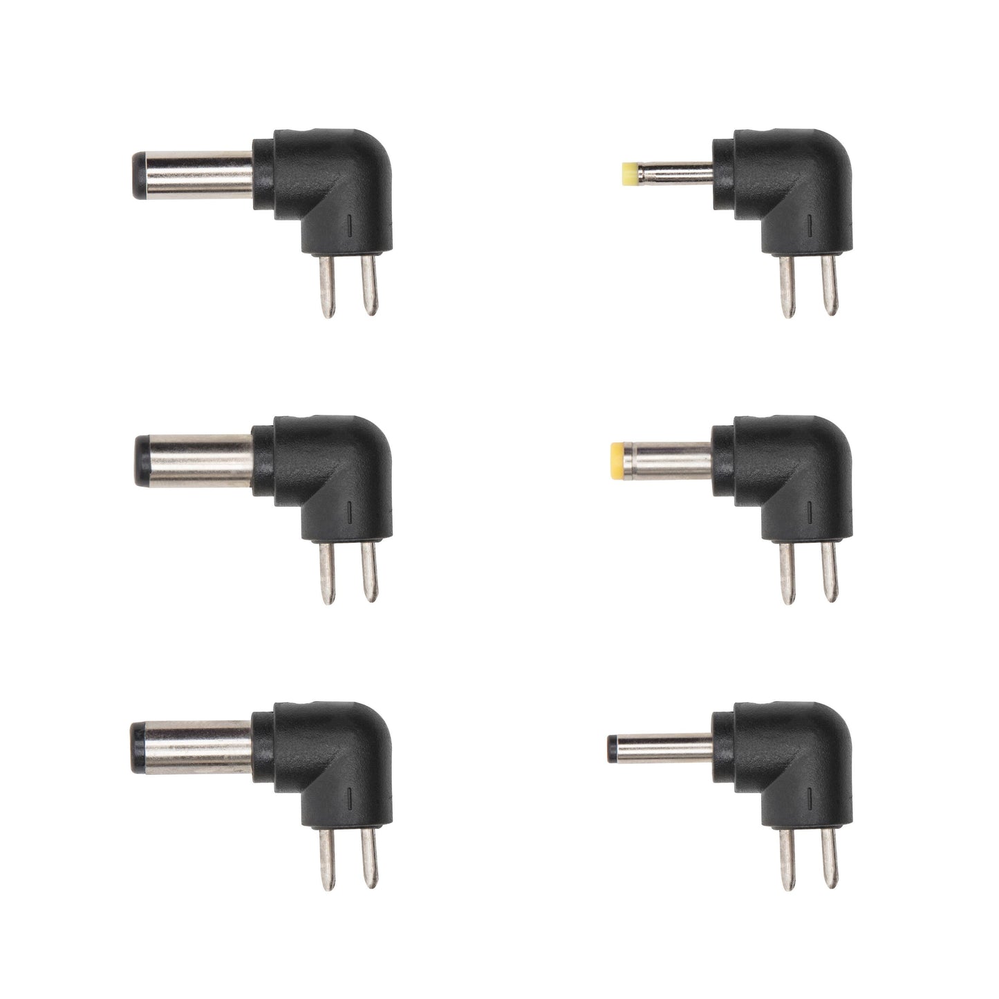 6 slags vinklet adapterstik med to metalben, 2 med gul spids, 4 med sølv, til justerbar netadapter 9-24V DC 24W.
