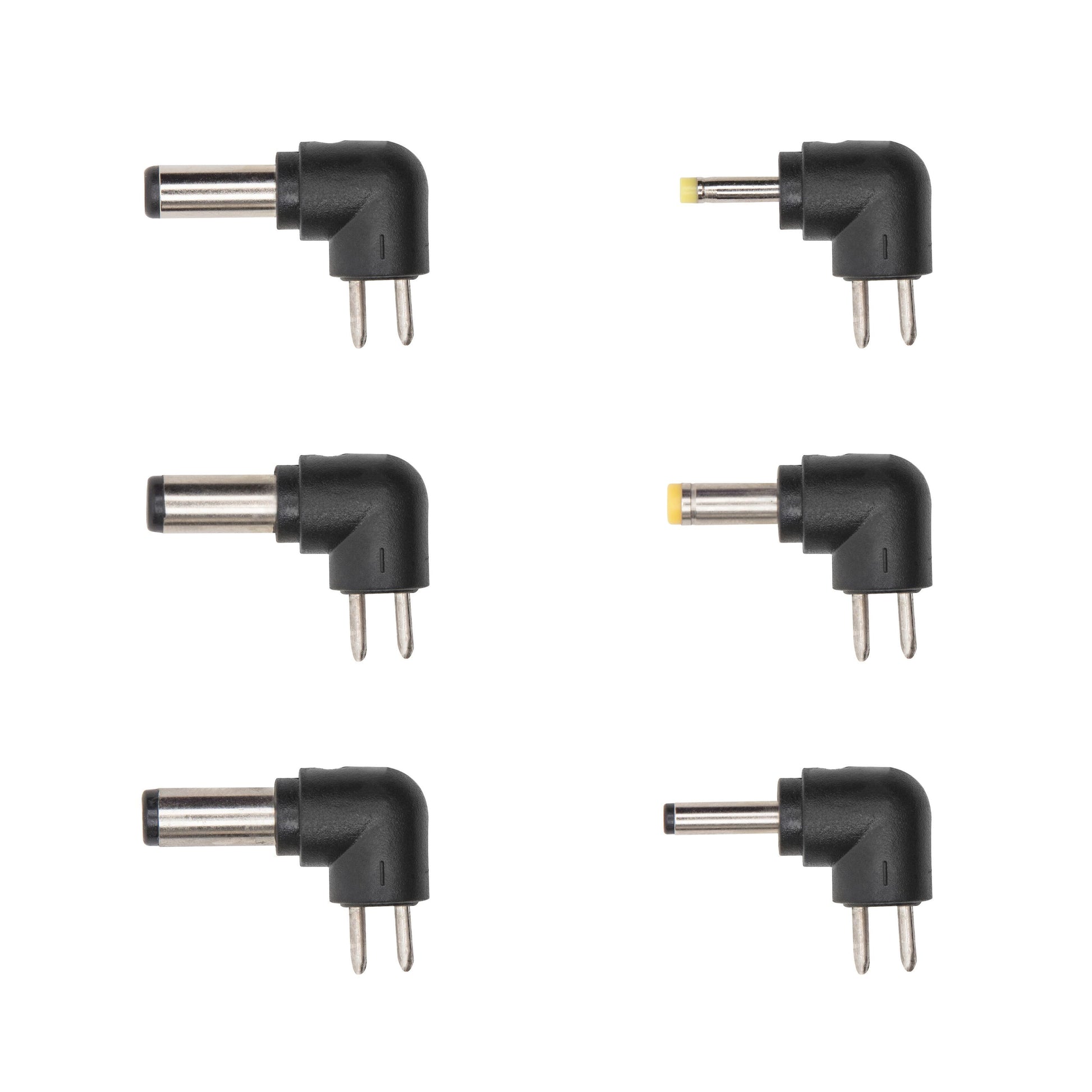 6 slags vinklet adapterstik med to metalben, 2 med gul spids, 4 med sølv, til justerbar netadapter 9-24V DC 24W.