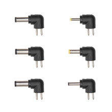 6 slags vinklet adapterstik med to metalben, 2 med gul spids, 4 med sølv, til justerbar netadapter 9-24V DC 24W.