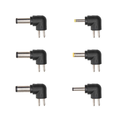 6 slags vinklet adapterstik med to metalben, 2 med gul spids, 4 med sølv, til justerbar netadapter 9-24V DC 24W.