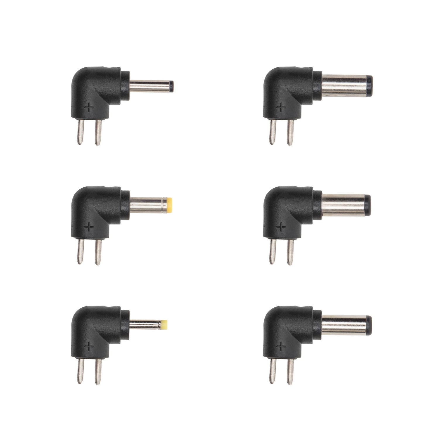 6 slags retvinklede strømstikadaptere, 2 med gule ringe, 4 uden, til Justerbar netadapter 9-24V DC 24W.
