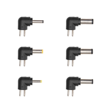 6 slags retvinklede strømstikadaptere, 2 med gule ringe, 4 uden, til Justerbar netadapter 9-24V DC 24W.