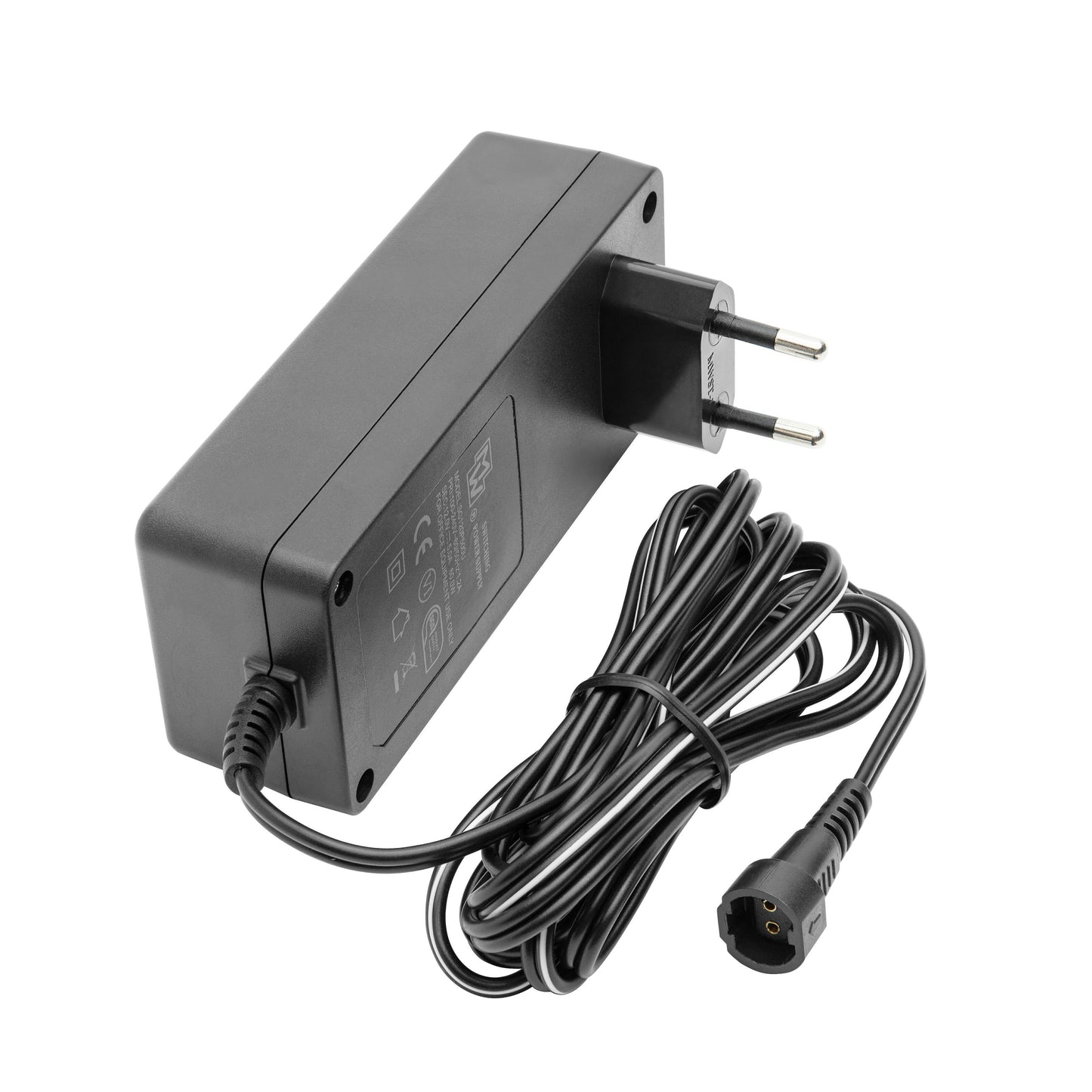 Skiftet 12V DC 60W sort strømadapter med EU-stik, lang ledning og rundt tre-bens stik.