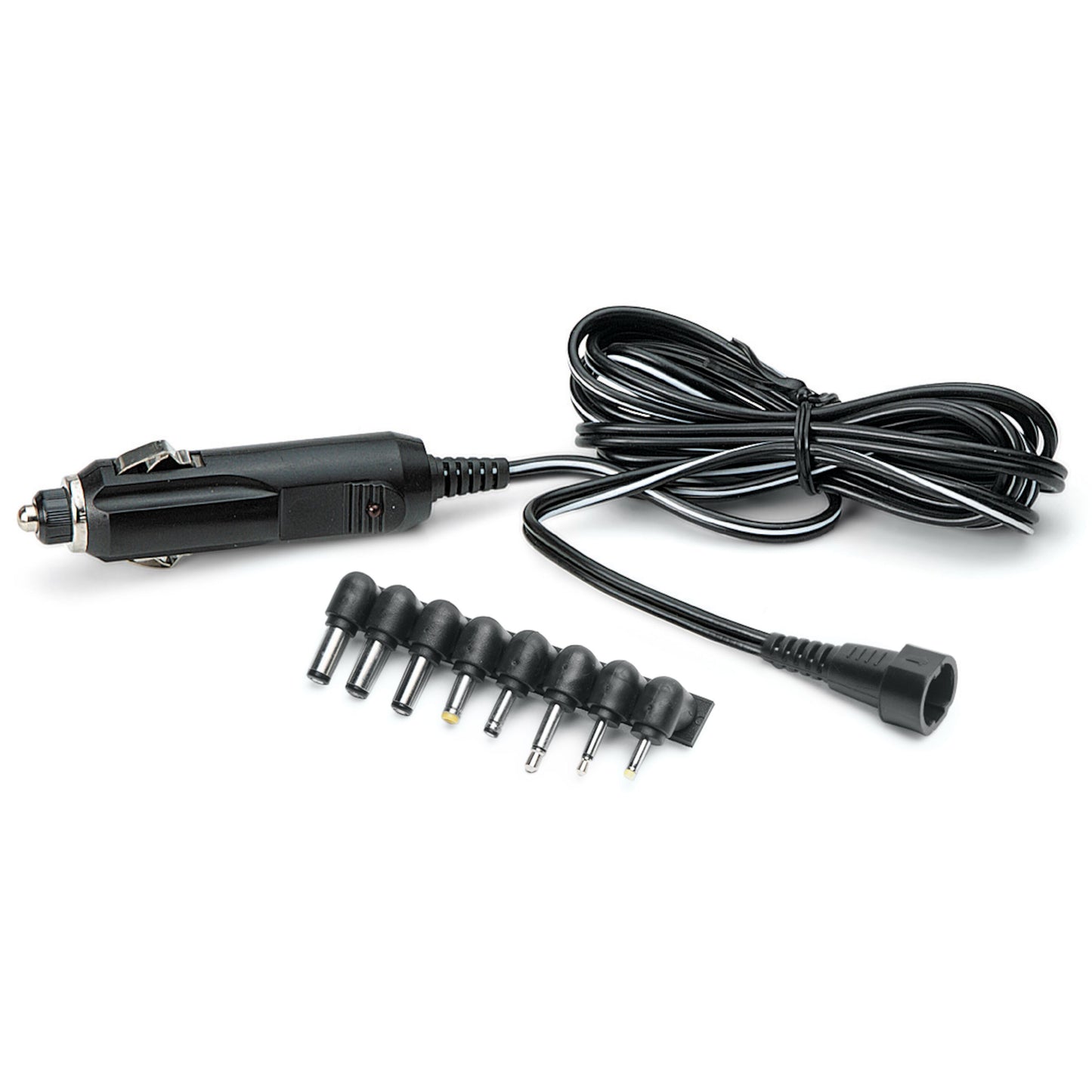 Luxorparts 12V adapter sort biloplader med langt kabel og 8 udskiftelige DC-stik, 24W, til flere enheder.