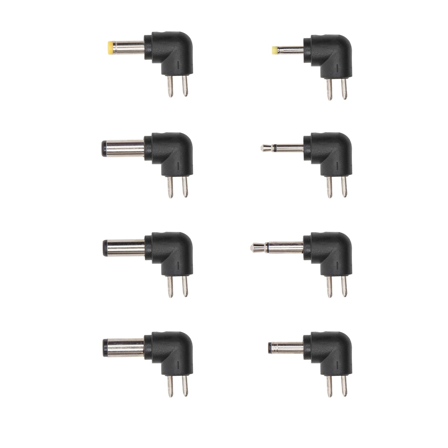 12V adapter med 8 slags DC-stik i vinkel med sølvtip, forskellige størrelser, justerbar polaritet, 24W.
