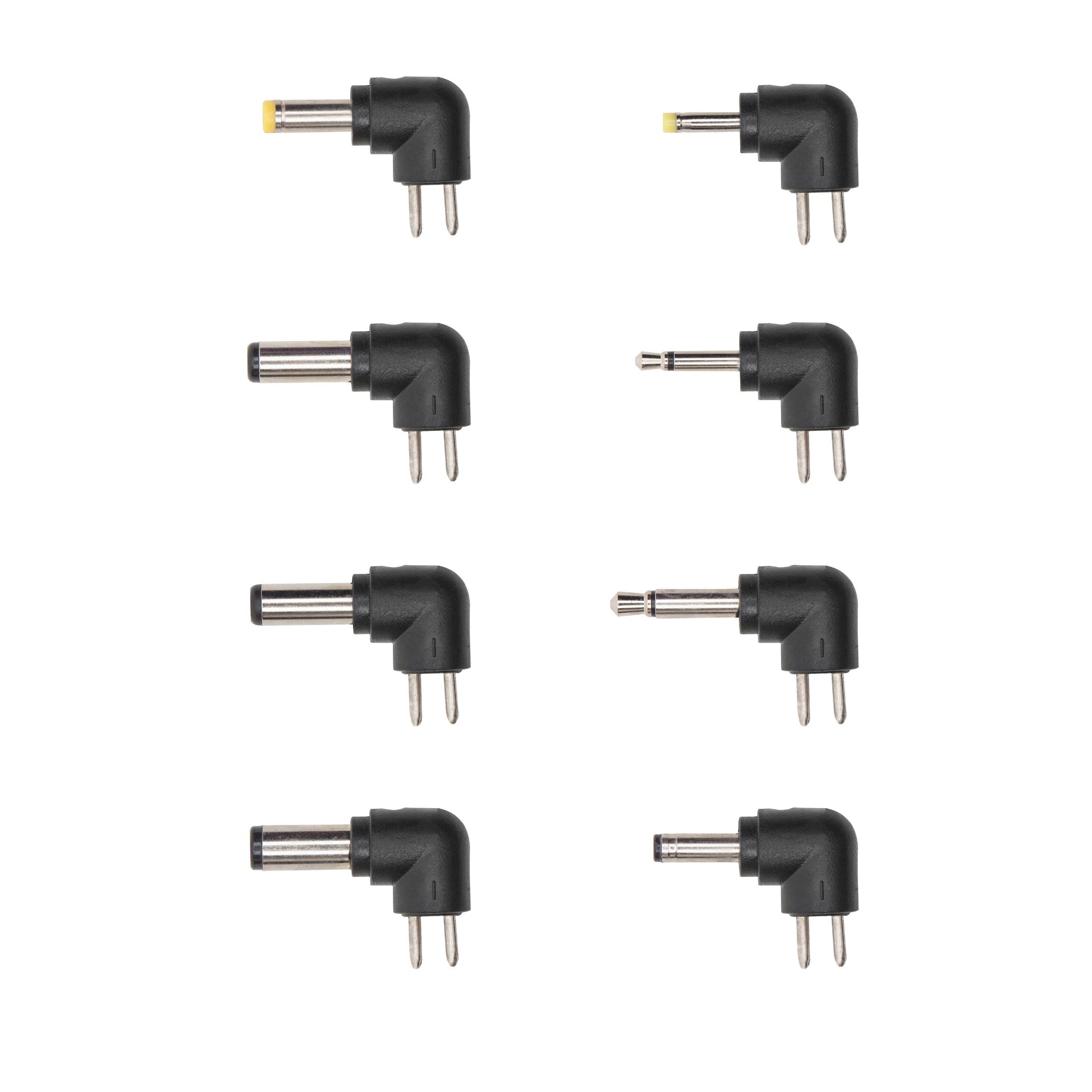 12V adapter med 8 slags DC-stik i vinkel med sølvtip, forskellige størrelser, justerbar polaritet, 24W.