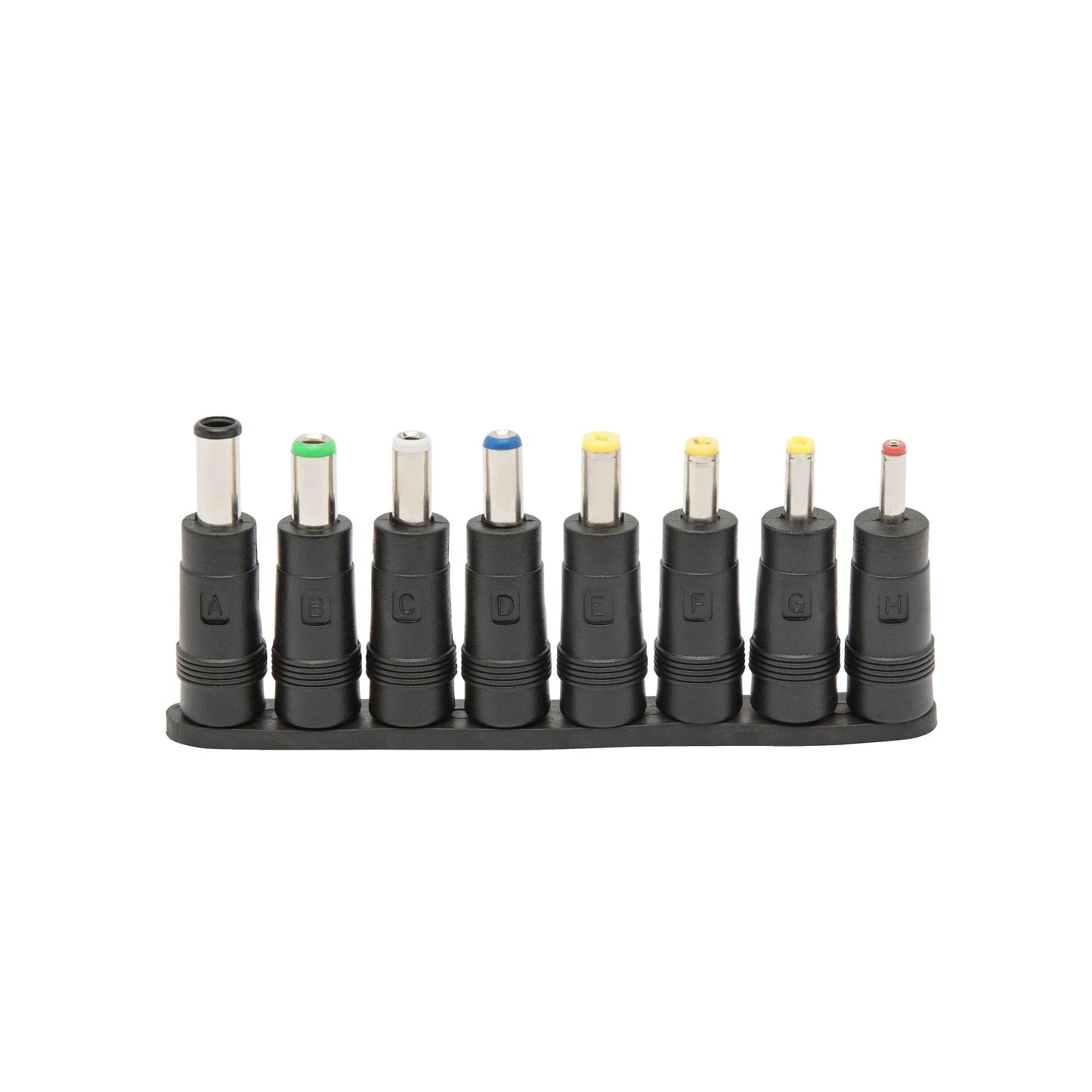 Sort sæt med syv cylindriske strømstik med farvede ringe, mærket A-H til Universal adapterkit 5,5x2,1 mm.