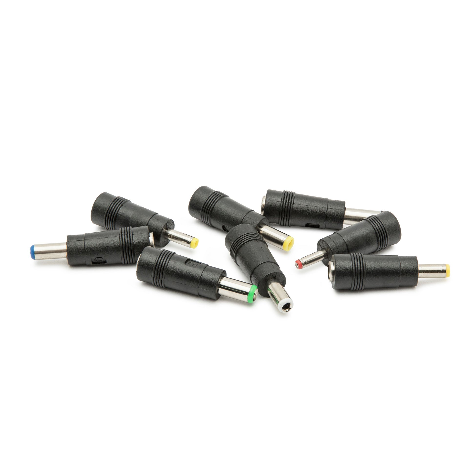Luxorparts Universal adapterkit 8 sorte stik 5,5x2,1 mm med farvede ringe i blå, grøn, gul og rød, metalfatning.