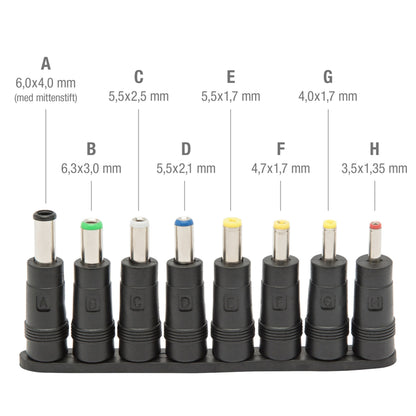 Luxorparts strømforsyningsadaptere sort A-H med farvede ringe DC-hanstik 6,0x4,0 mm til 3,5x1,35 mm i Universal adapterkit-holder.