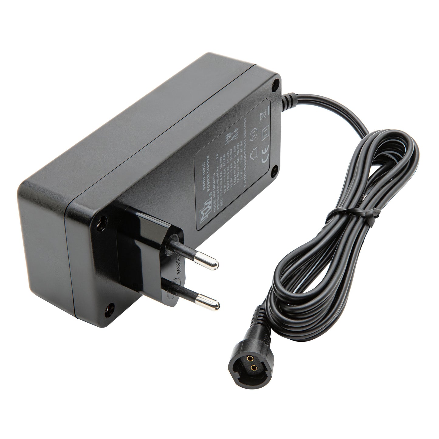 Justerbar sort netadapter 12-24 V DC 60 W med EU tobenet stik og lang ledning med trepolet stik.
