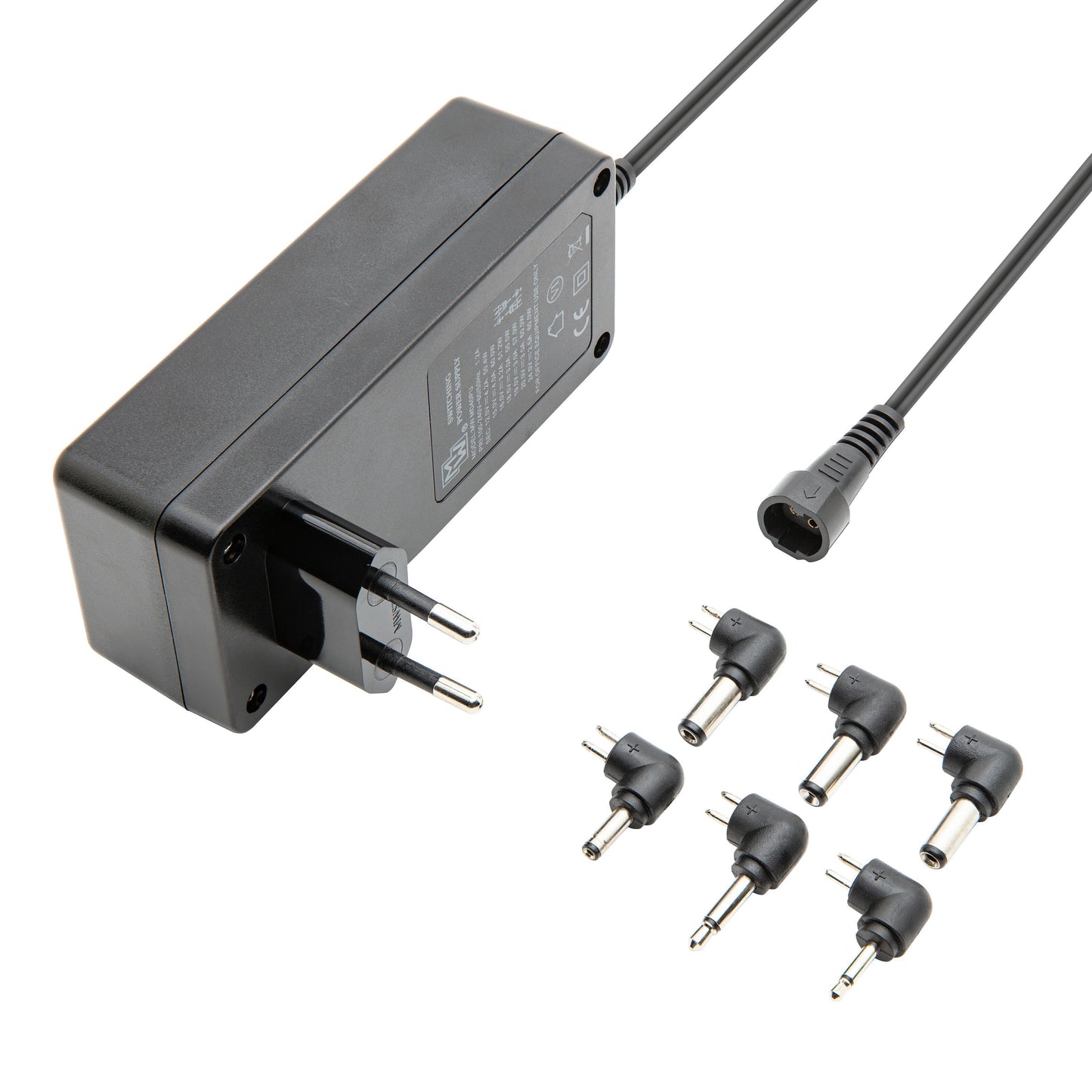 Justerbar netadapter 12-24 V DC 60 W med EU-stik, aftagelig ledning og 7 udskiftelige stikspidser.