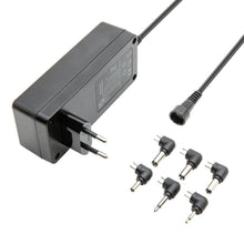 Justerbar netadapter 12-24 V DC 60 W med EU-stik, aftagelig ledning og 7 udskiftelige stikspidser.