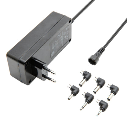 Justerbar netadapter 12-24 V DC 60 W med EU-stik, aftagelig ledning og 7 udskiftelige stikspidser.