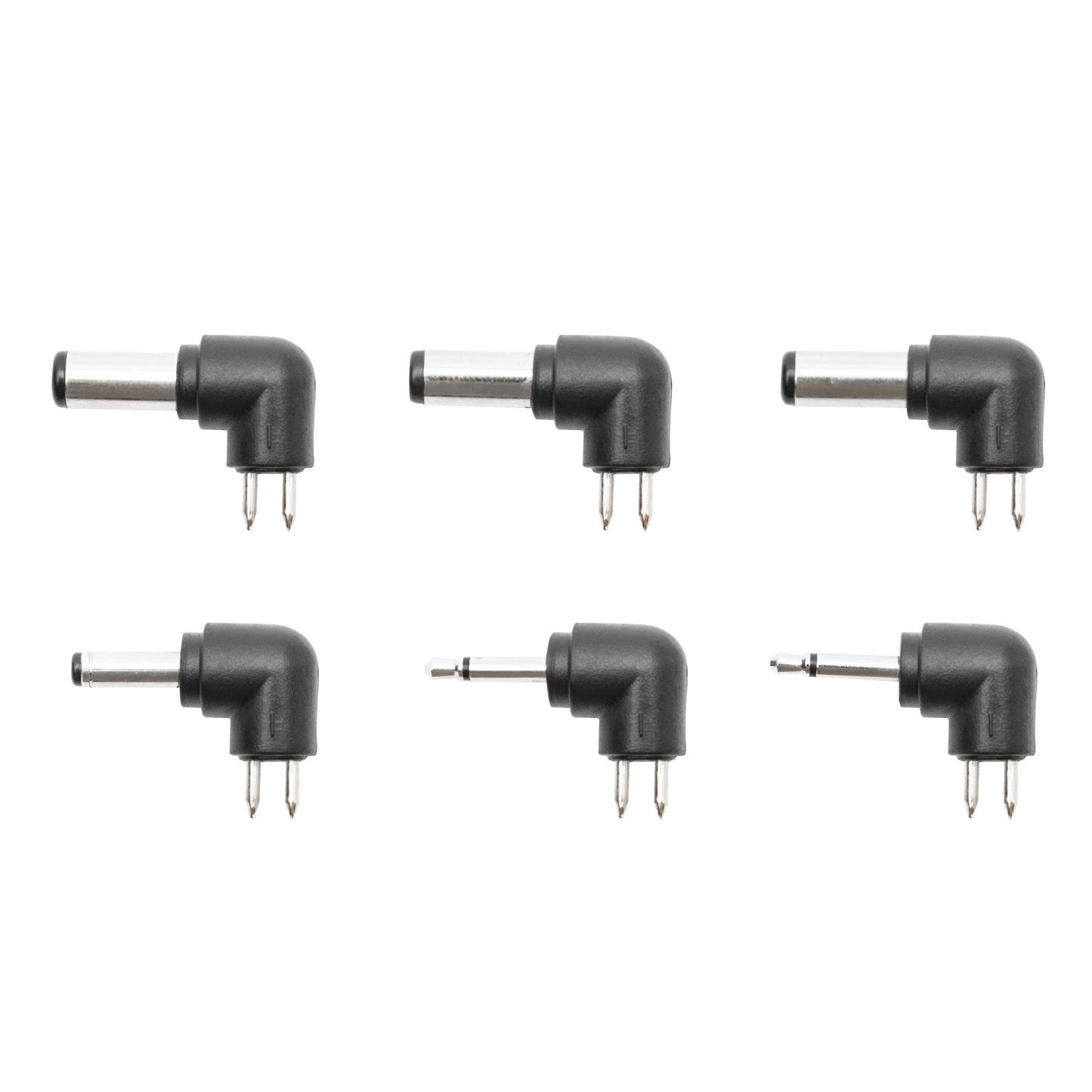 Seks slags DC-strømstik med sølvspidser, forskellige ben/stik-typer i to rækker, til Justerbar netadapter 12-24V 60W.