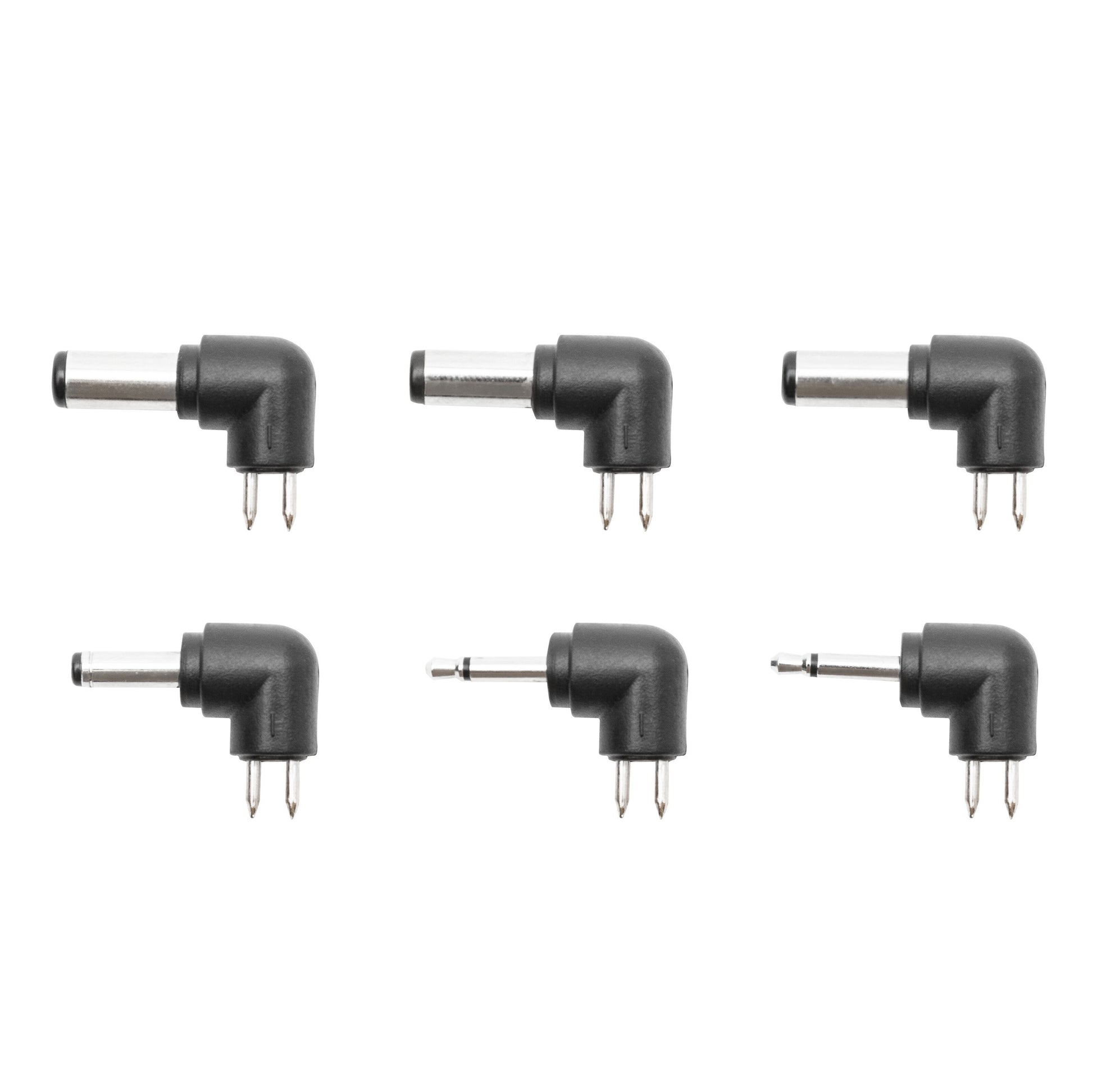 Seks slags DC-strømstik med sølvspidser, forskellige ben/stik-typer i to rækker, til Justerbar netadapter 12-24V 60W.