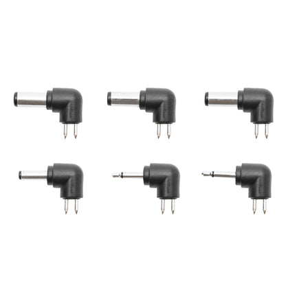 Seks slags DC-strømstik med sølvspidser, forskellige ben/stik-typer i to rækker, til Justerbar netadapter 12-24V 60W.