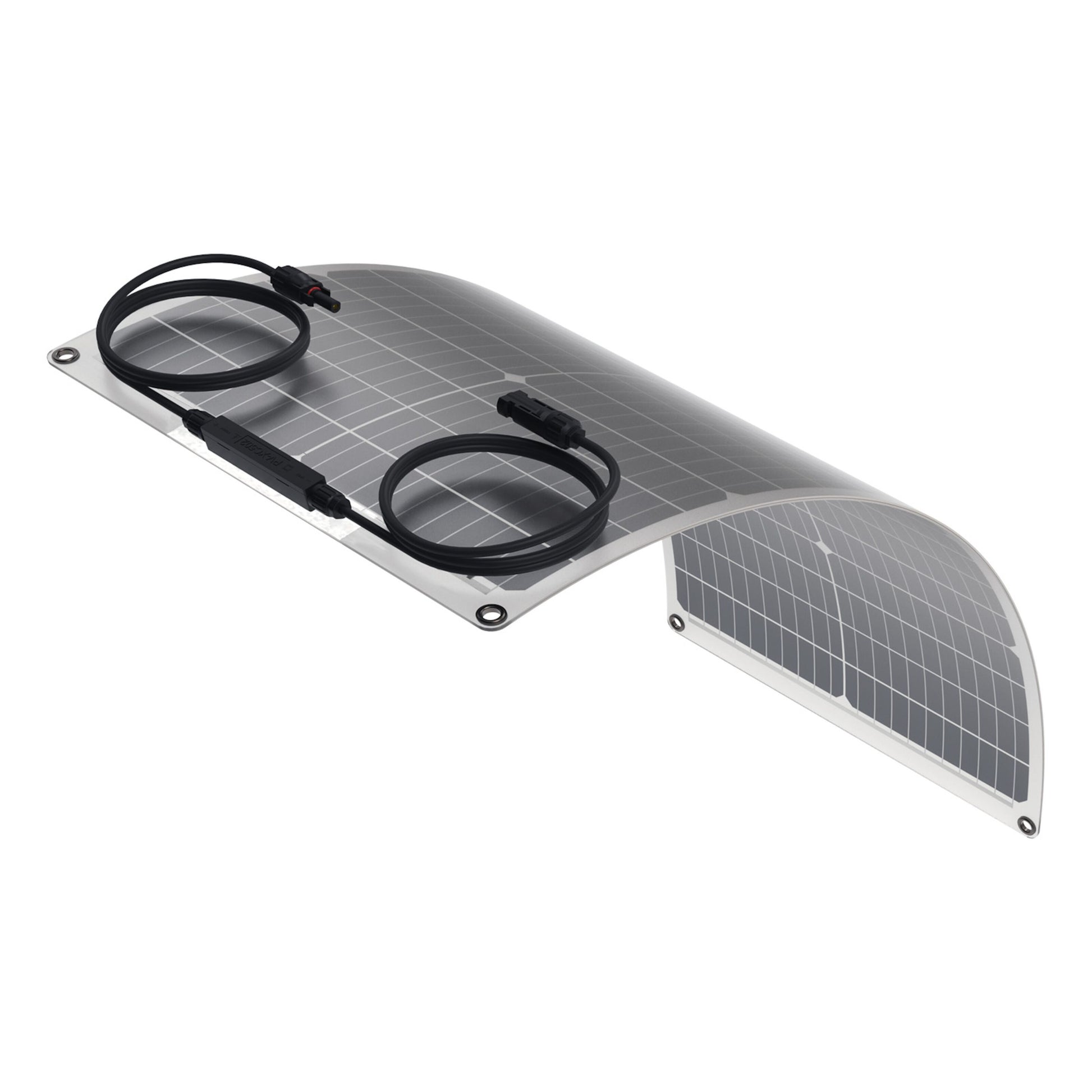 Nordmax Fleksibelt Bifacial solpanel 60W buet, to sorte kabler på overfladen, metalgrommets i hjørner til montering.