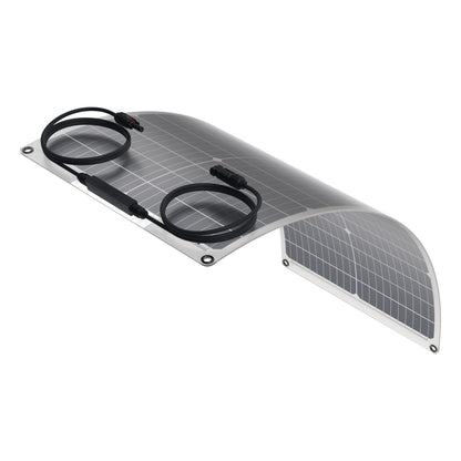 Nordmax Fleksibelt Bifacial solpanel 60W buet, to sorte kabler på overfladen, metalgrommets i hjørner til montering.
