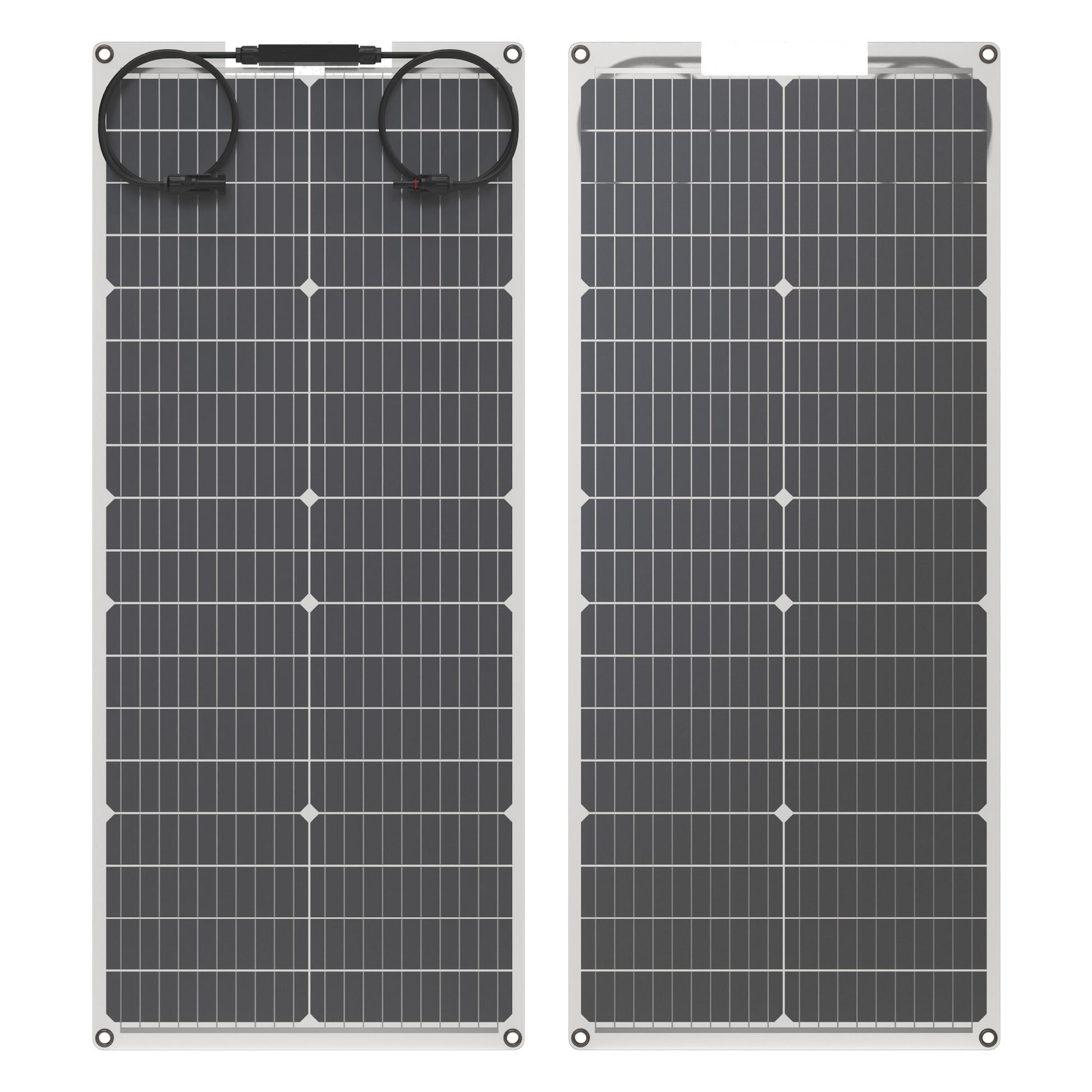 Nordmax Fleksibelt Bifacial solpanel 60 W med to rektangulære paneler, mørke monokrystallinske celler, hjørnehuller, kabler øverst.