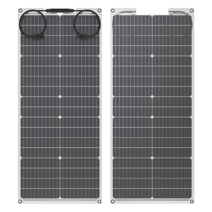 Nordmax Fleksibelt Bifacial solpanel 60 W med to rektangulære paneler, mørke monokrystallinske celler, hjørnehuller, kabler øverst.