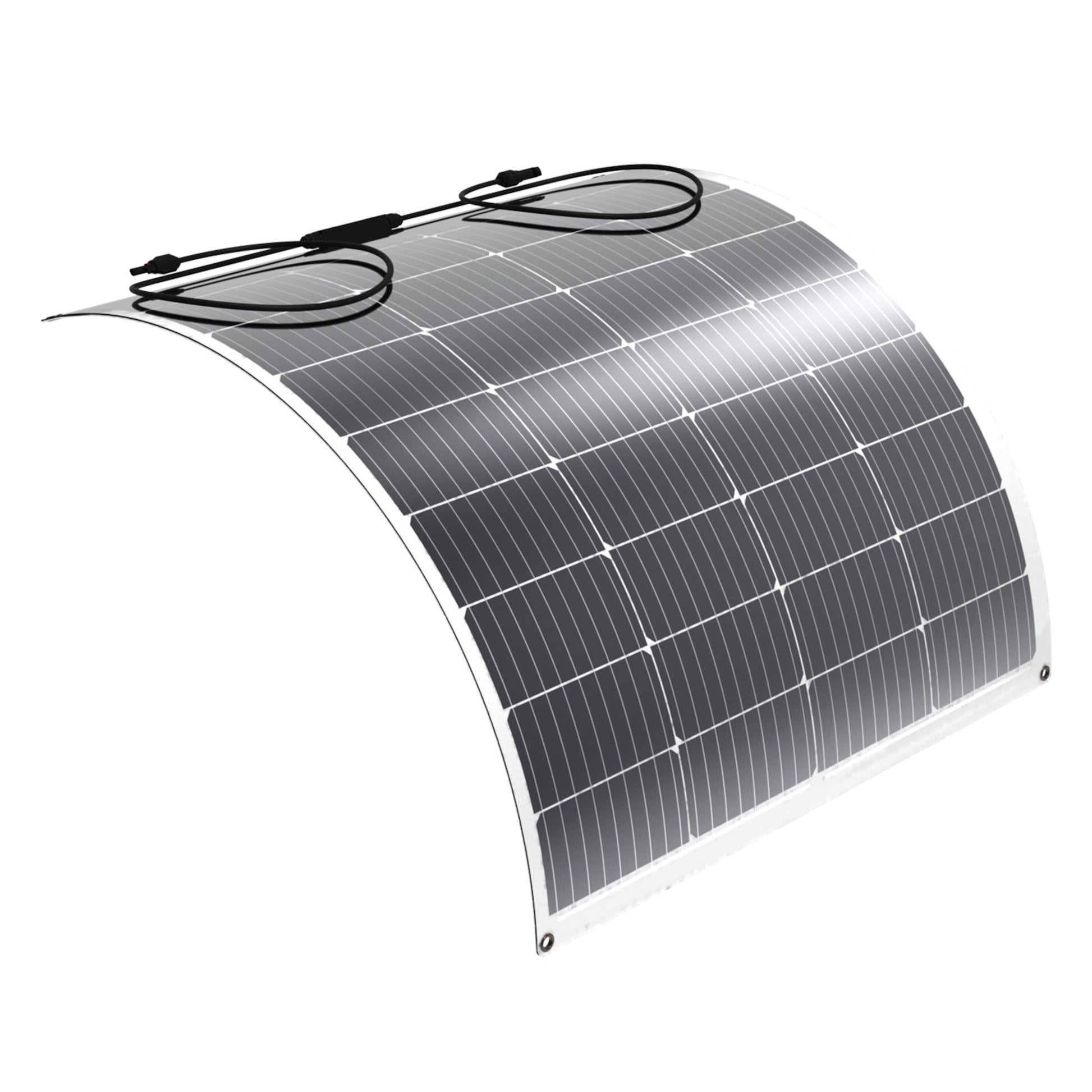 Nordmax fleksibelt solpanel 120 W med monokrystallinske solceller og kabler til montering på buede overflader.