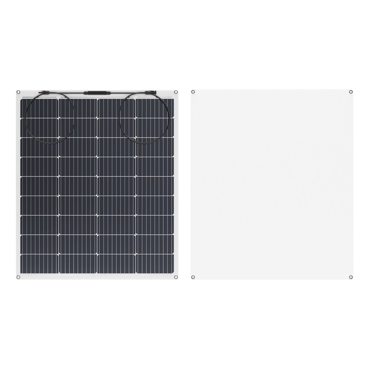 Nordmax Fleksibelt solpanel 120 W, monokrystallinske celler i gitter, topkabler, metaløjer i hjørner til montage.