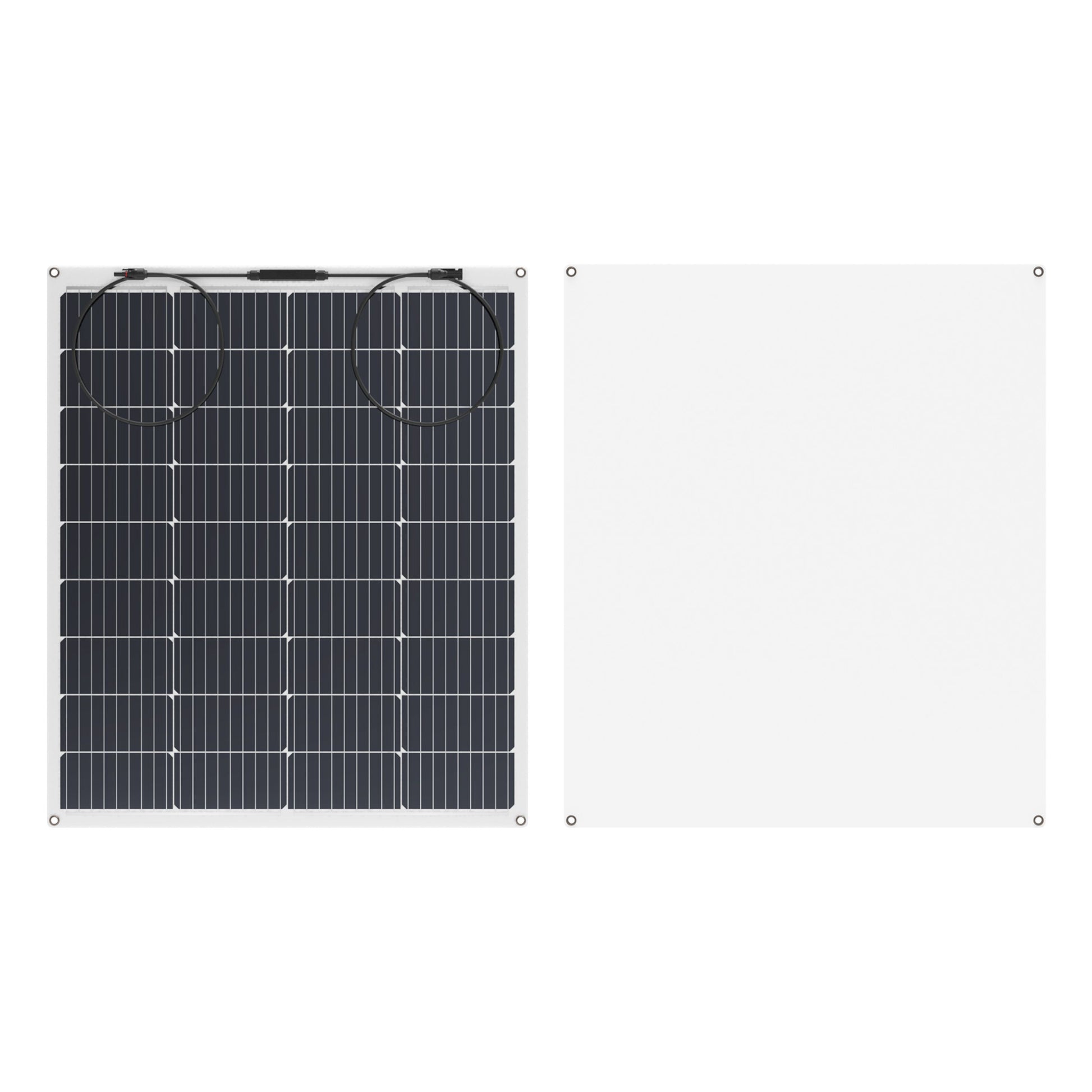 Nordmax Fleksibelt solpanel 120 W, monokrystallinske celler i gitter, topkabler, metaløjer i hjørner til montage.