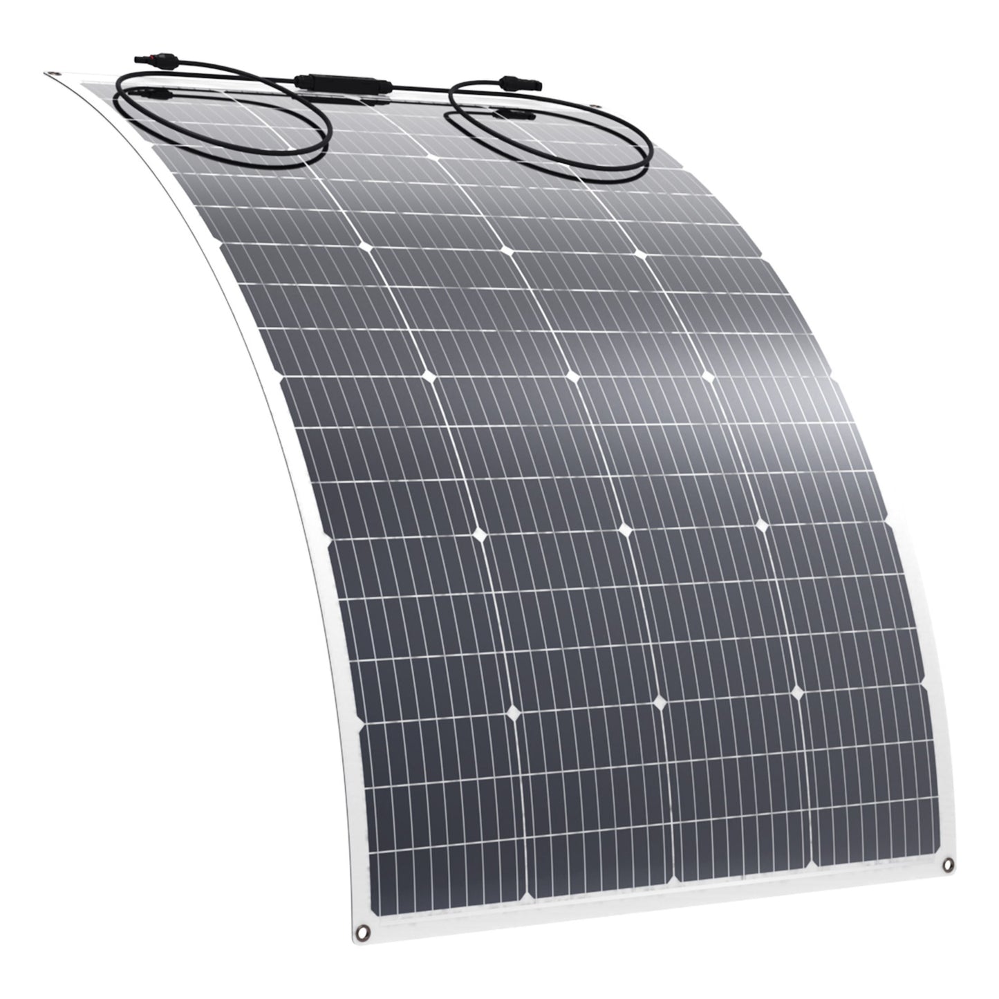 Nordmax fleksibelt solcellepanel 160W monokrystallinske celler til at sortere forbindelseskabler øverst.