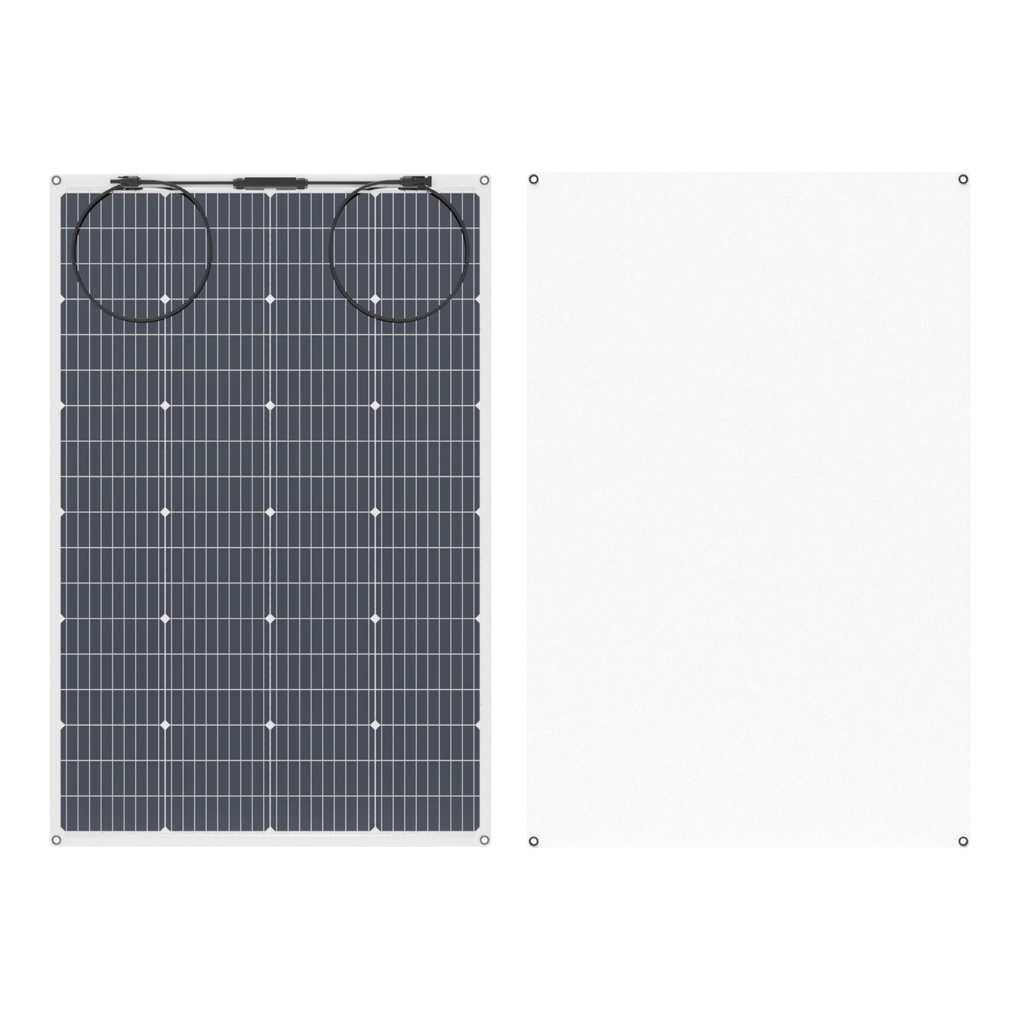 Nordmax Fleksibelt solcellepanel 160 W med gitterlinjer og to kabler, ved siden af hvidt panel med hul i hvert hjørne.
