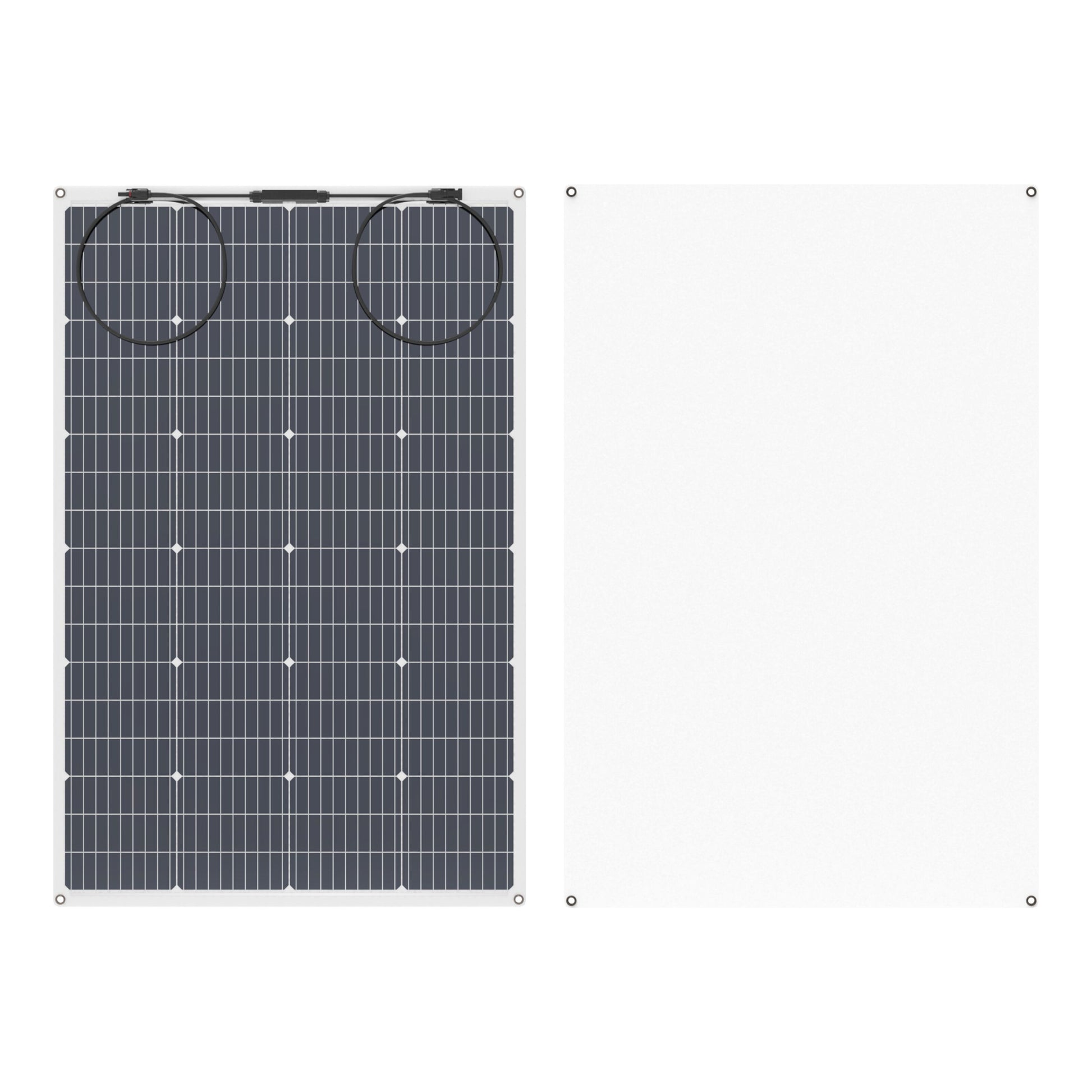 Nordmax Fleksibelt solcellepanel 160 W med gitterlinjer og to kabler, ved siden af hvidt panel med hul i hvert hjørne.