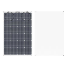 Nordmax Fleksibelt solcellepanel 160 W med gitterlinjer og to kabler, ved siden af hvidt panel med hul i hvert hjørne.