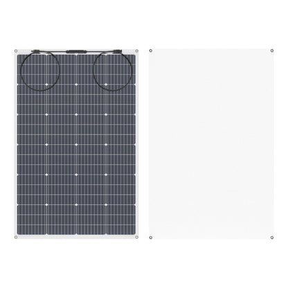 Nordmax Fleksibelt solcellepanel 160 W med gitterlinjer og to kabler, ved siden af hvidt panel med hul i hvert hjørne.