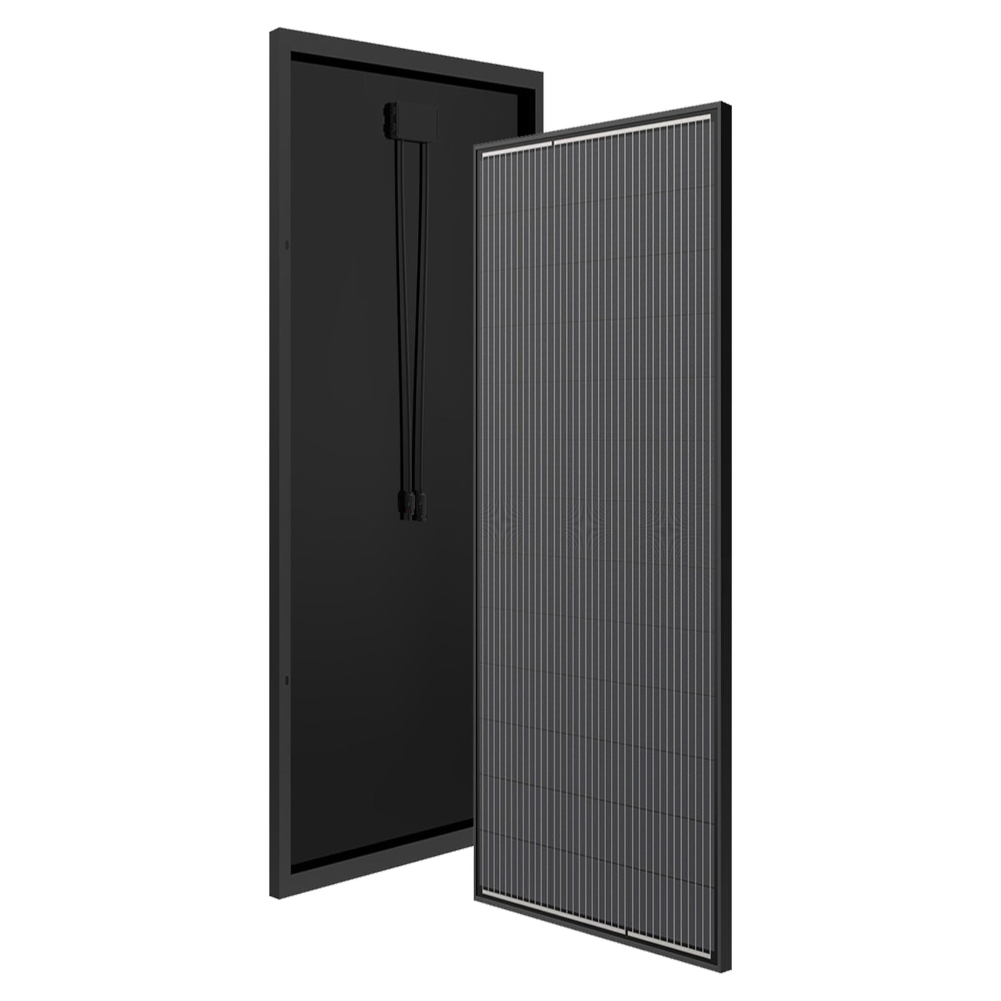 Nordmax Solcellepanel 180 W, sort rektangulær, front med vertikale linjer, bagside med kabler, monokrystallinsk.