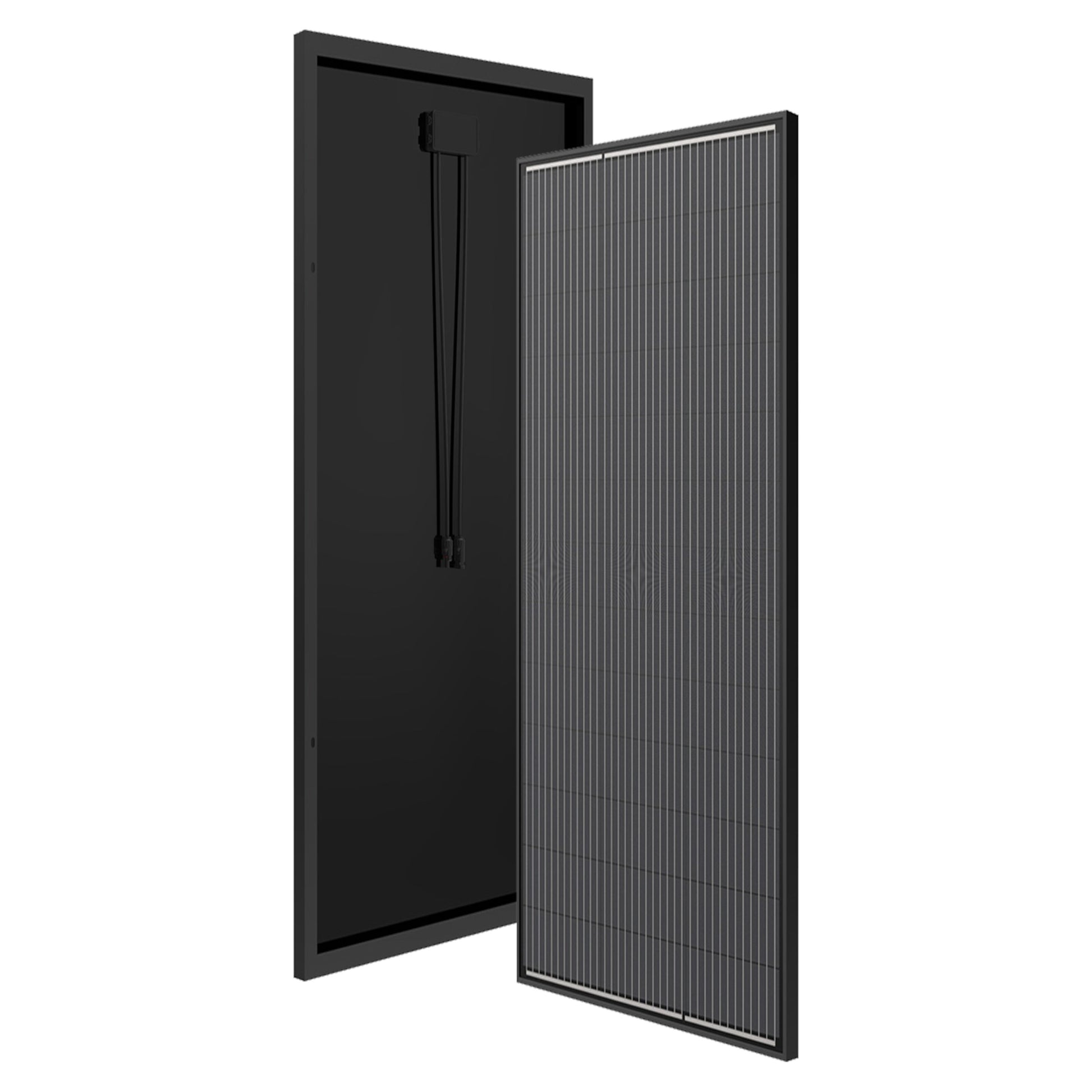 Nordmax Solcellepanel 180 W, sort rektangulær, front med vertikale linjer, bagside med kabler, monokrystallinsk.