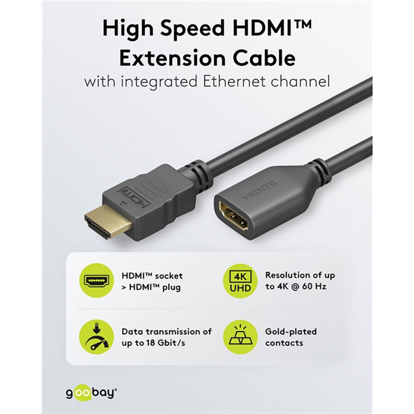 Goobay HDMI-forlængerkabel 3 m 4K/60 Hz Ethernet, guldbelagt stik, ét HDMI-stik og én HDMI-sokkel, 18 Gbit/s.