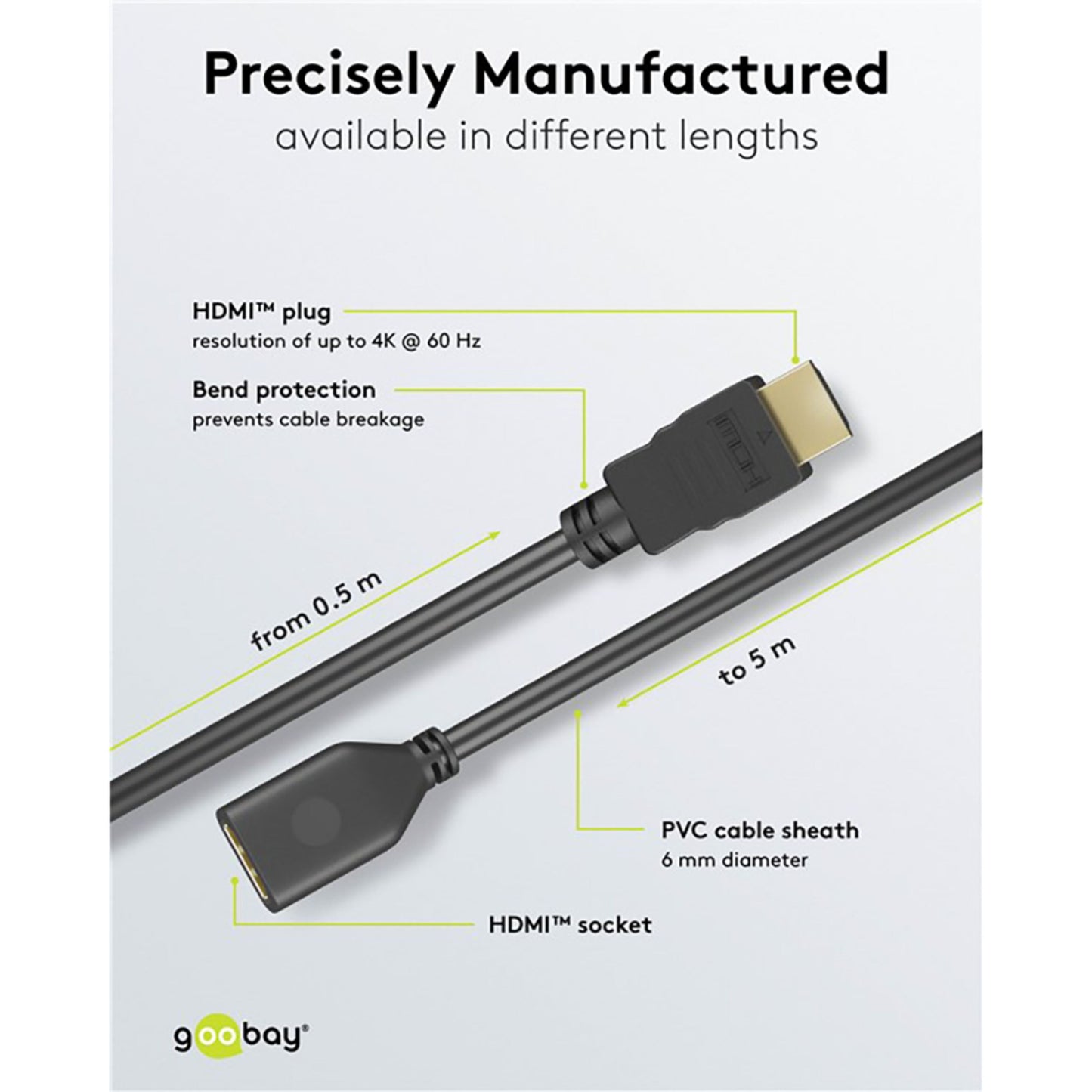 Goobay HDMI-forlængerkabel 4K/60Hz 3m, markeret HDMI-stik/-bøsning, bøjningsbeskyttelse, 6mm PVC-kabel, Goobay-logo.