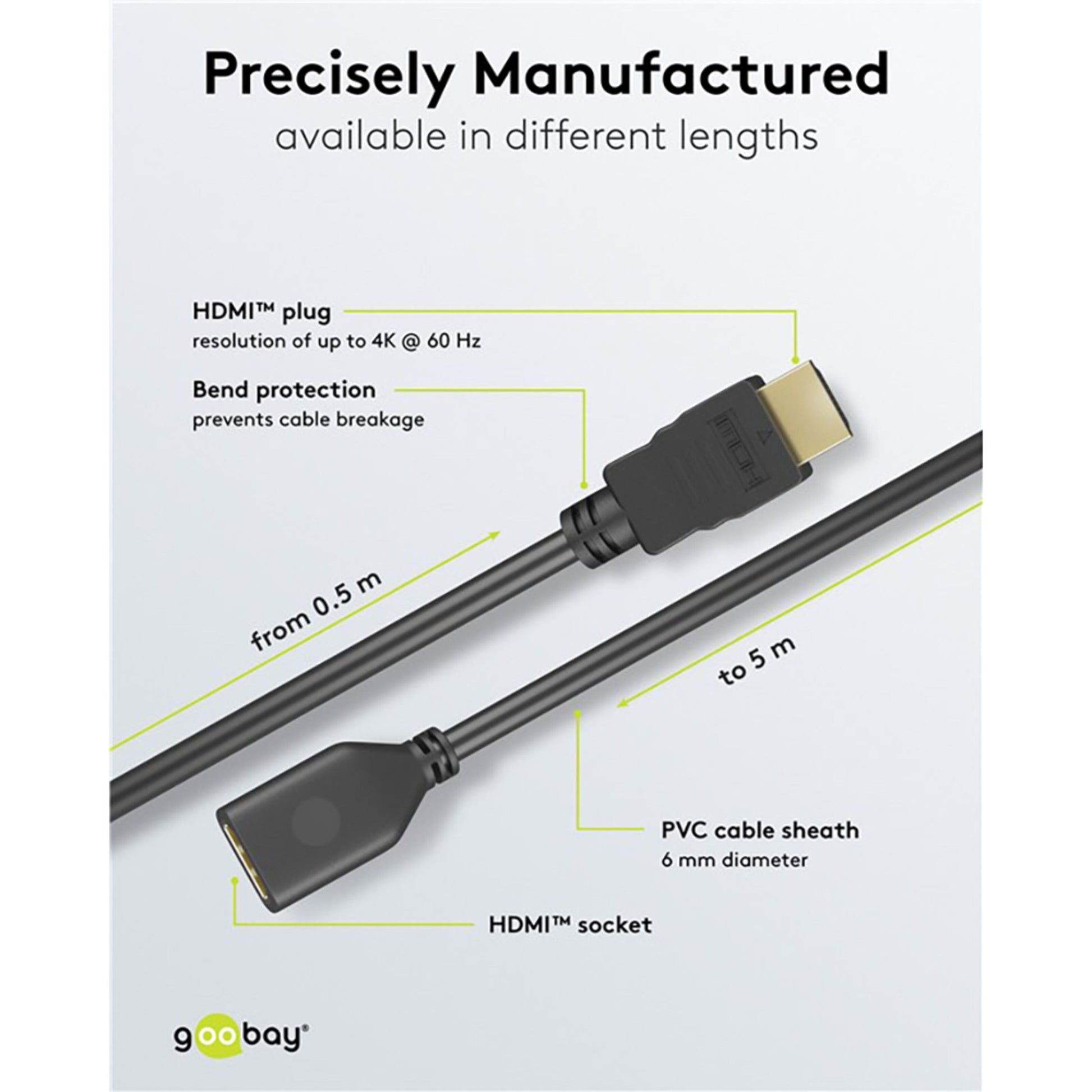 Goobay HDMI-forlængerkabel 4K/60Hz 3m, markeret HDMI-stik/-bøsning, bøjningsbeskyttelse, 6mm PVC-kabel, Goobay-logo.